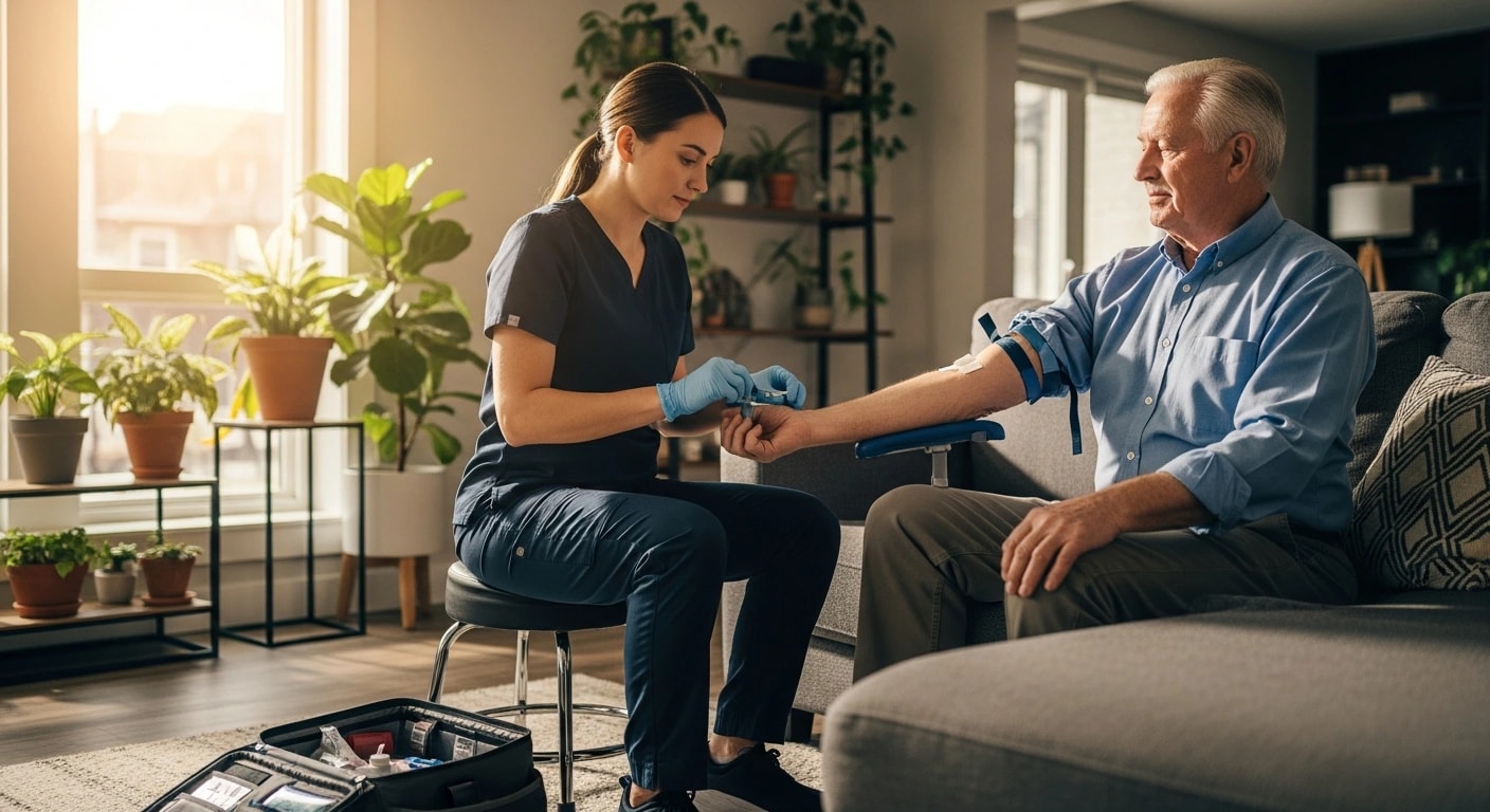 Speedy Sticks certified phlebotomist performing an at-home blood draw for a patient in a comfortable living room setting