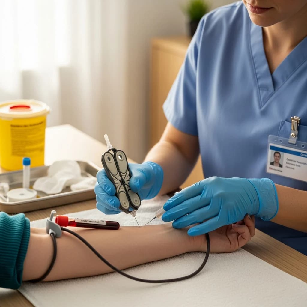 Professional blood draw being performed by a certified phlebotomist at home