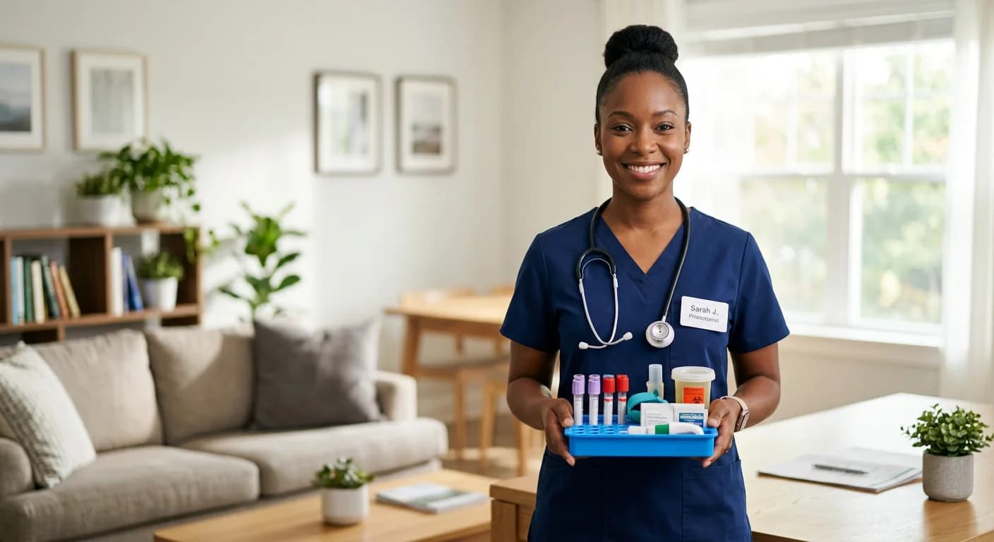 Certified phlebotomist holding blood collection specimen tray, ready for at-home visit