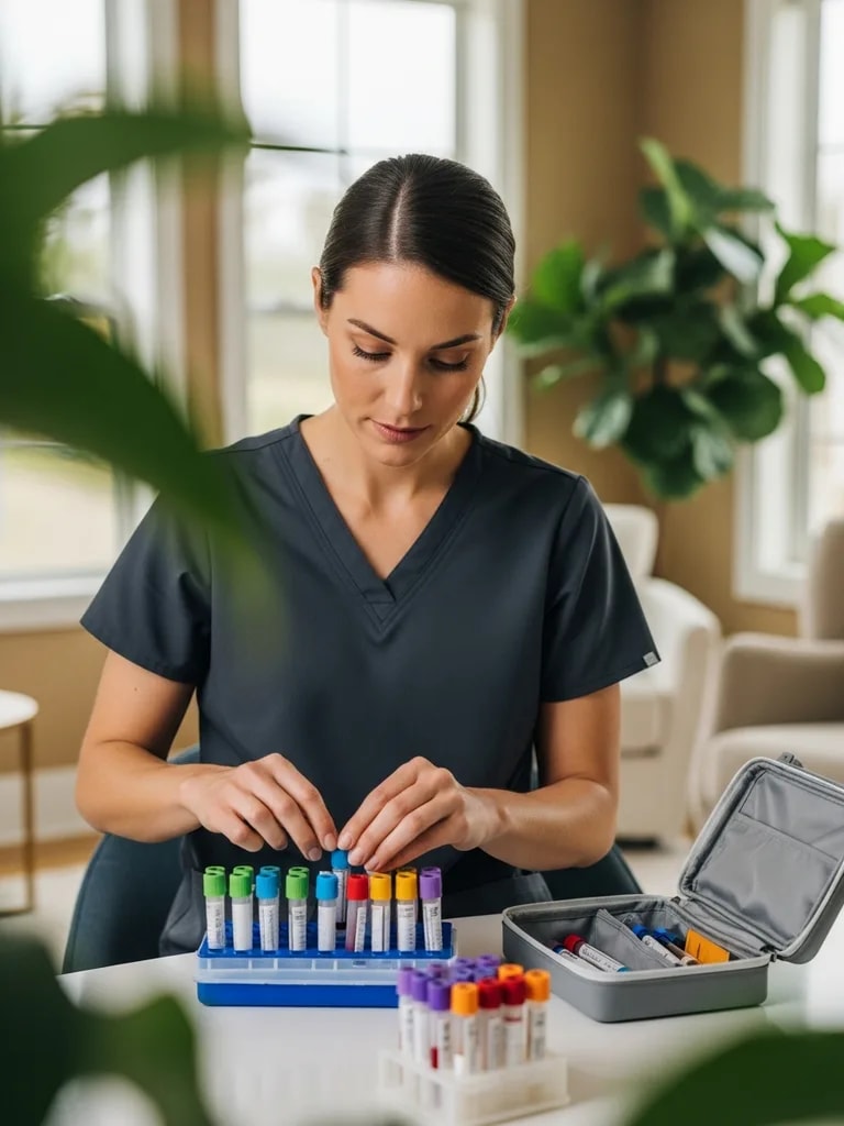Speedy Sticks certified phlebotomist labeling blood specimen collection tubes and packing a transport kit during an at-home visit