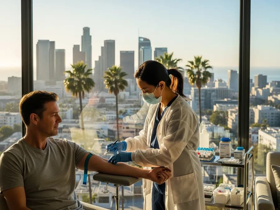 Certified mobile phlebotomist performing an at-home blood draw in California