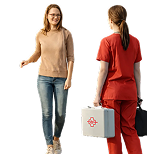 Speedy Sticks phlebotomist greeting a patient at her front door