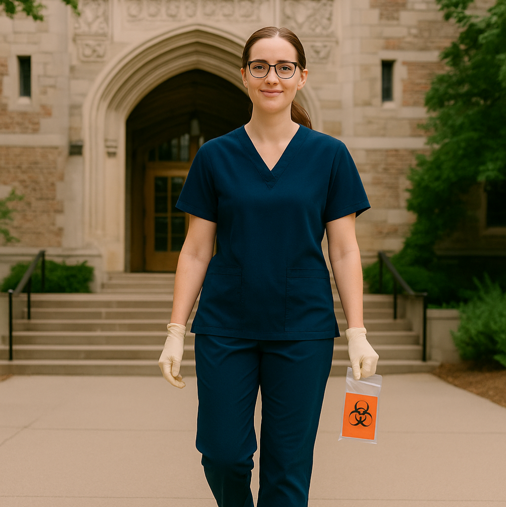 A female phlebotomist in medical scrubs walking away from a university building while carrying a sealed specimen transport bag, representing mobile clinical trial services.