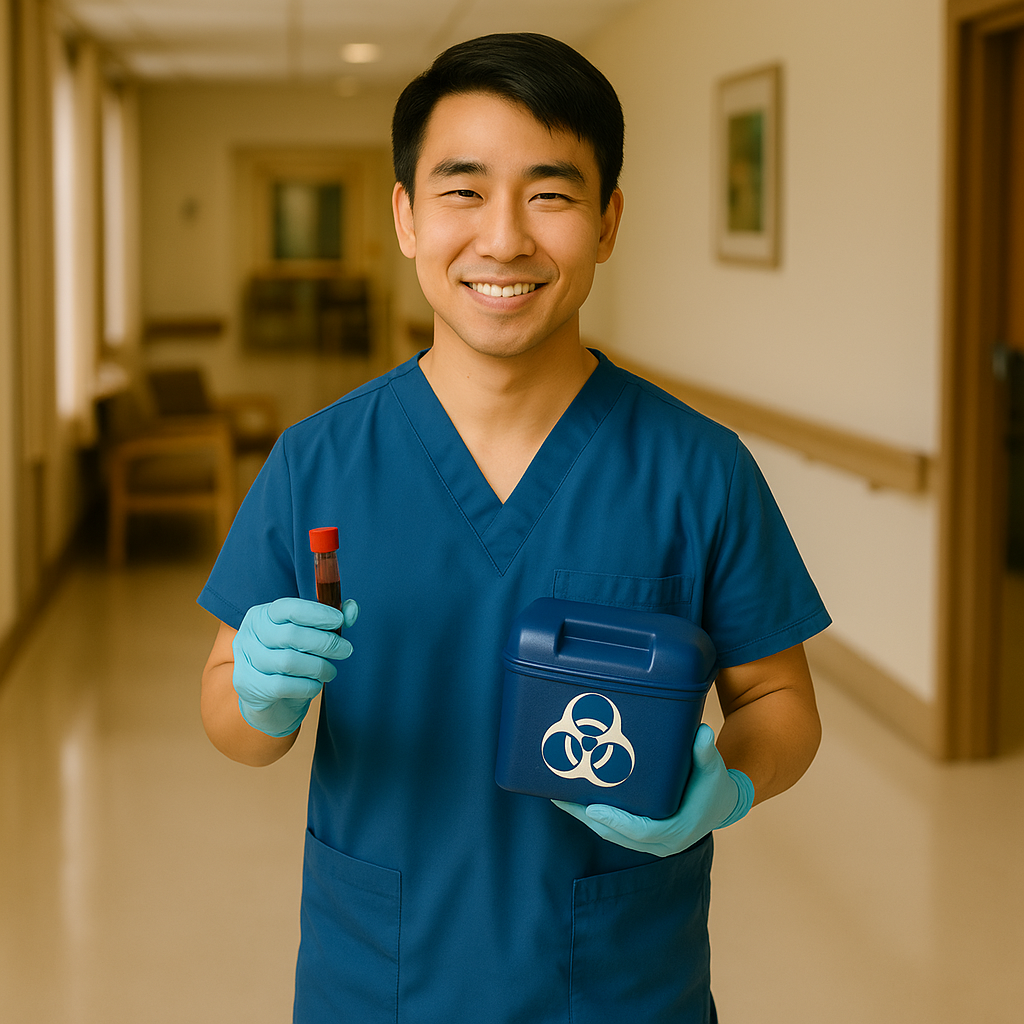 Asian male healthcare worker holding a biohazard specimen container in a long-term care facility.
