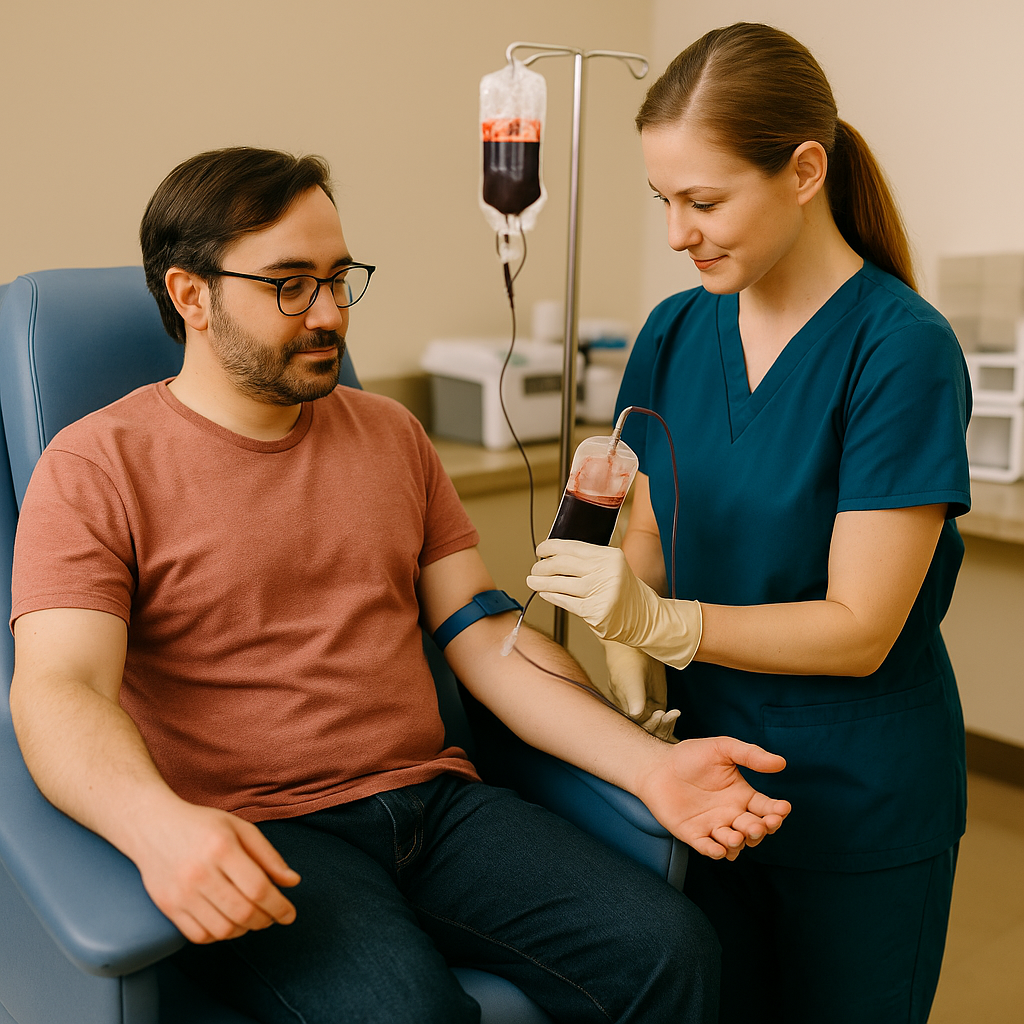 Phlebotomist performing therapeutic phlebotomy on a patient in a clinical setting