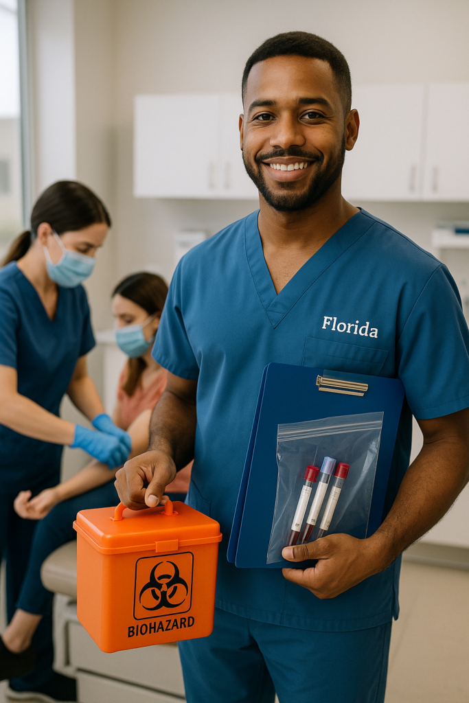 A male phlebotomist in scrubs holding a biohazard box in Nebraska.