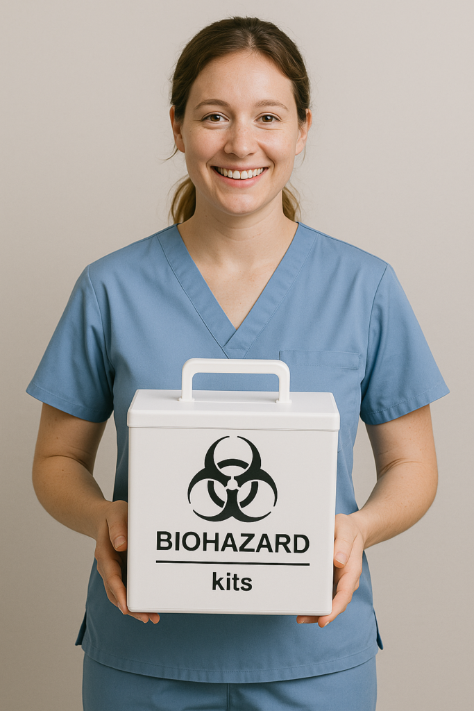 Hawaii, a phlebotomist in scrubs holding a biohazard box and specimen