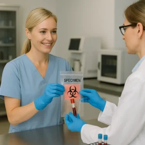 Mobile phlebotomist securely labeling and handing off a blood specimen for laboratory processing