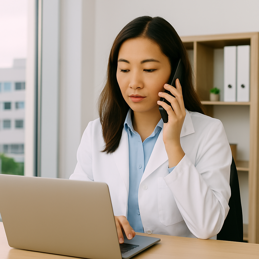 Female healthcare executive in a modern office using a laptop and phone to coordinate mobile phlebotomy services.
