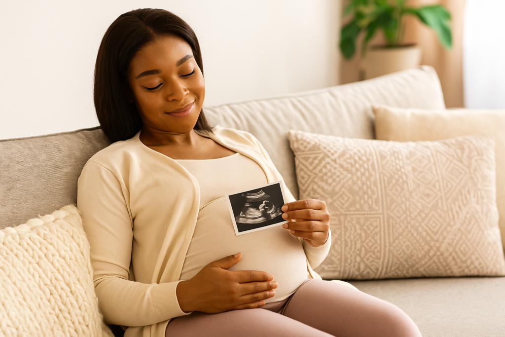 Pregnant woman sitting on a couch holding an ultrasound photo and gently touching her belly, smiling in a warmly lit living room.