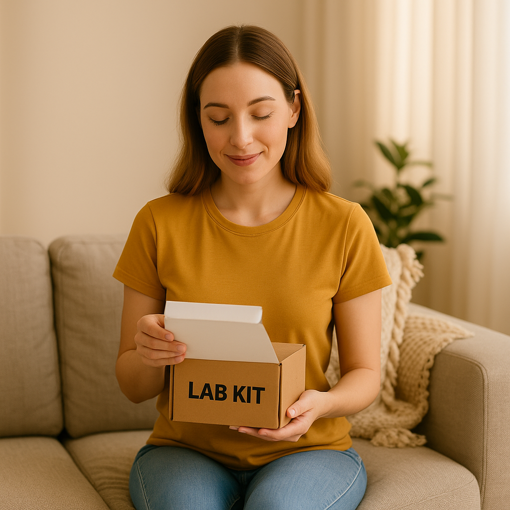 Smiling woman sitting on a beige sofa in a warm living room, opening a cardboard lab kit box on her lap.