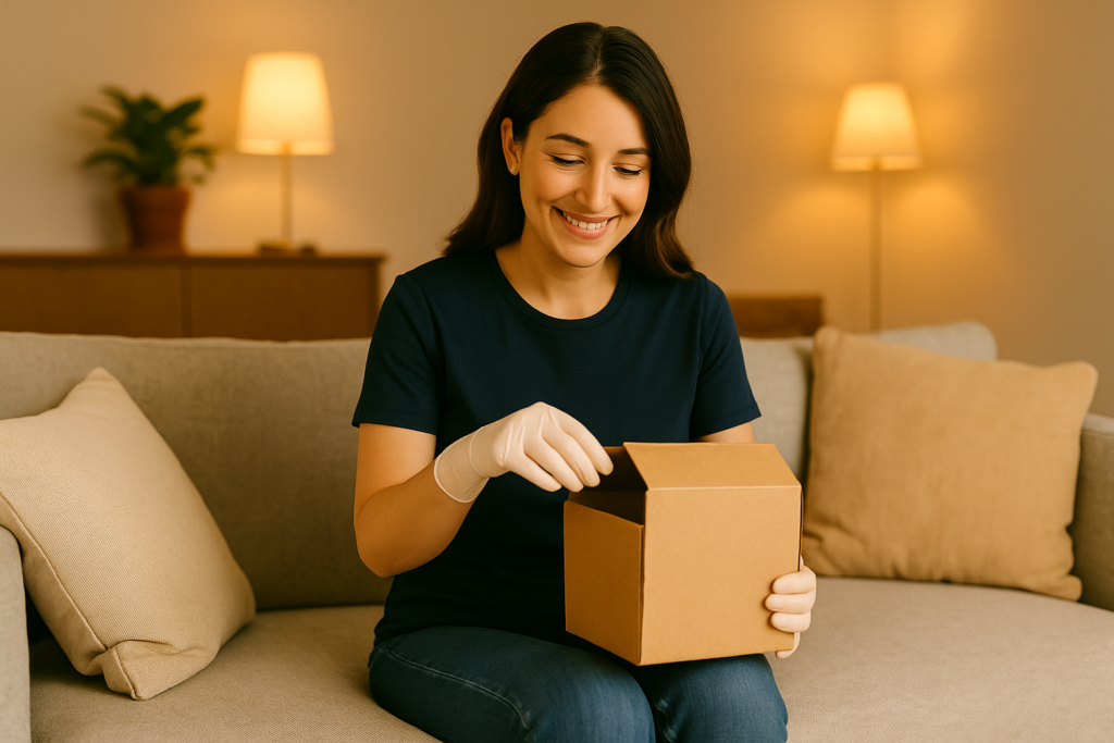 Smiling woman sitting on a beige sofa in a warm living room, opening a cardboard lab kit box on her lap.