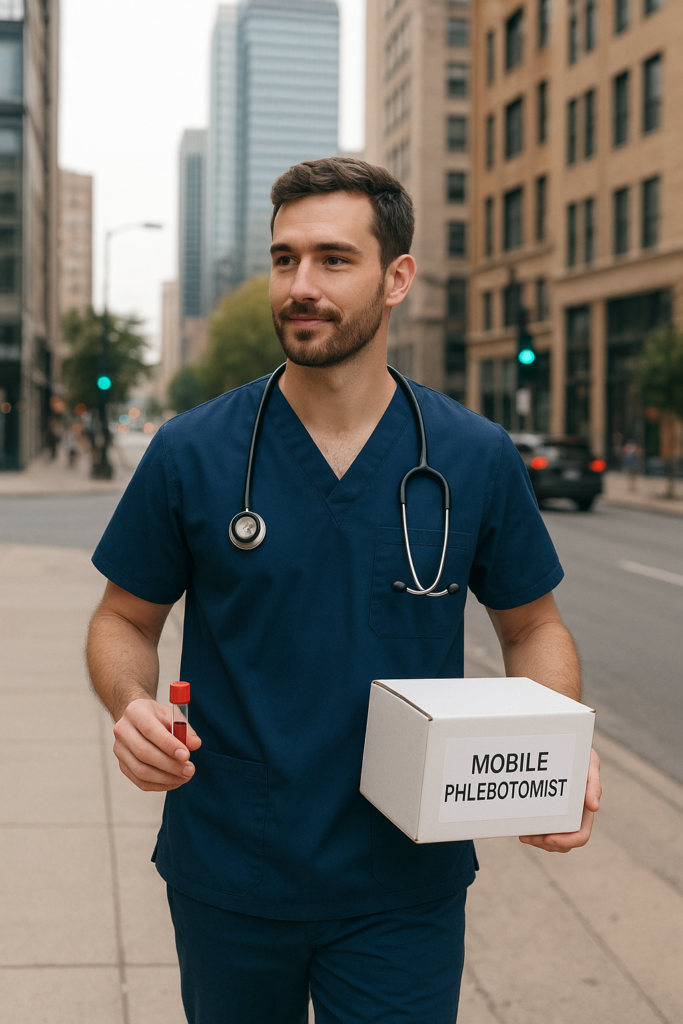 Kansas, a phlebotomist in scrubs holding a biohazard box and specimen