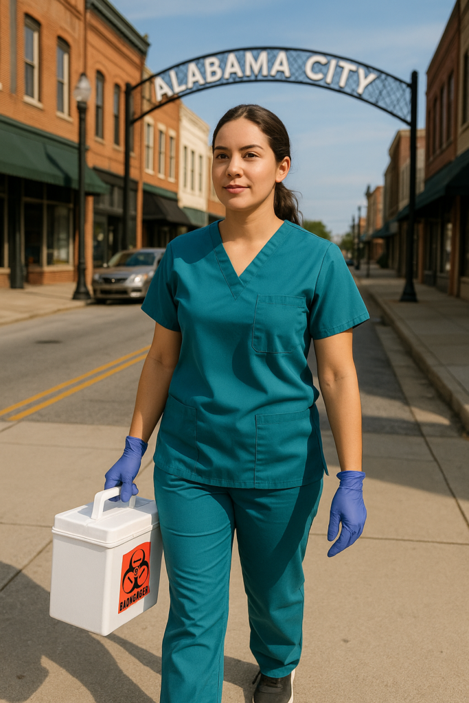 Female phlebotomist in scrubs holding a biohazard box while walking through Alabama City.